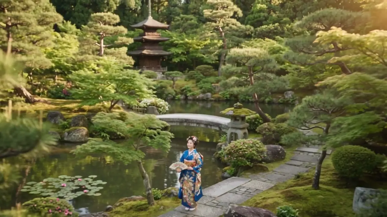 夕方の光に包まれた日本庭園（イメージ）