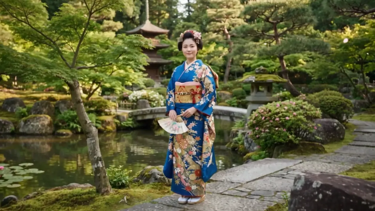 庭園で扇子を持つ青い振袖の女性（イメージ）