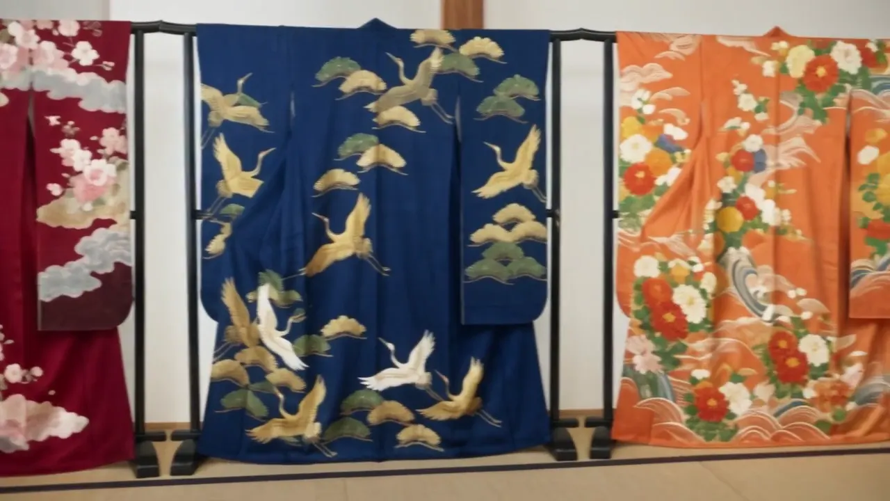 畳の間に並ぶ色とりどりの振袖（イメージ）