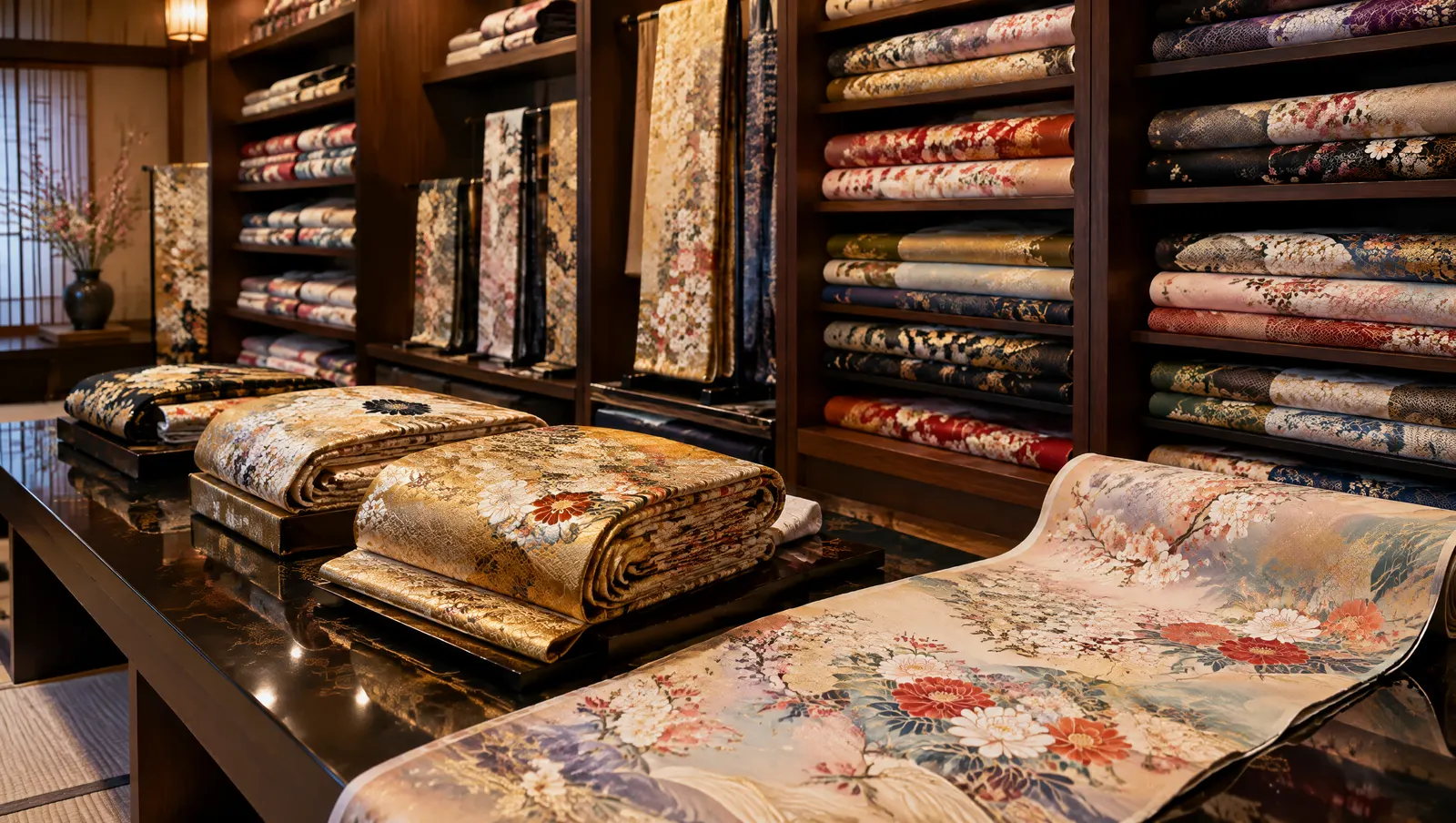 反物と帯が並ぶ呉服店の棚(イメージ)